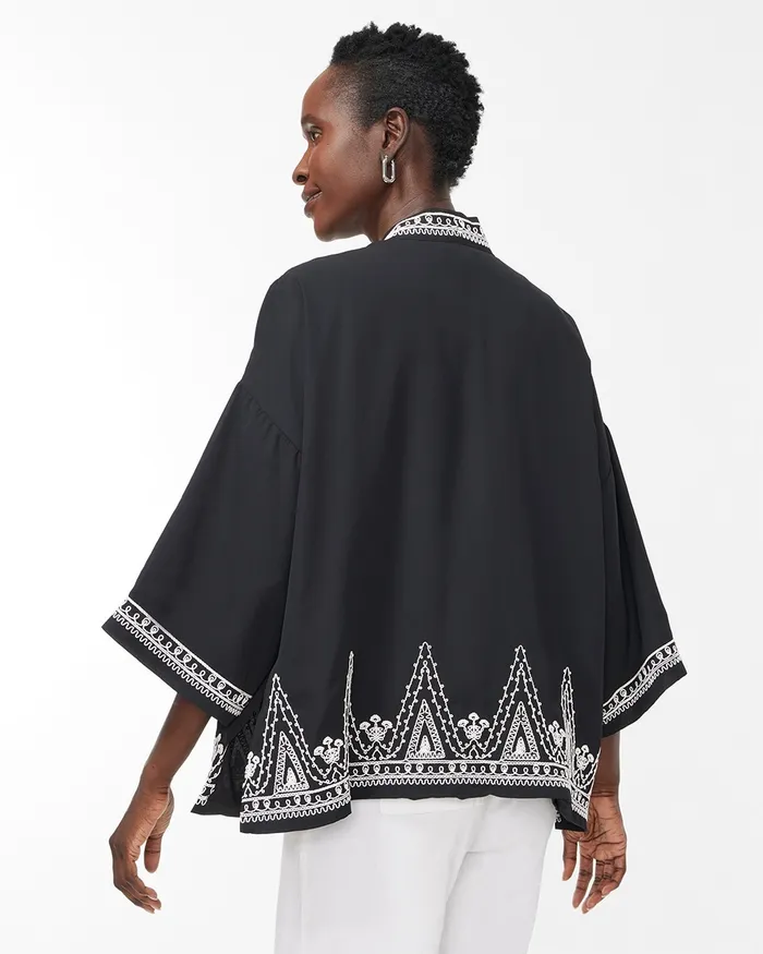 Chico039s Embroidered Short Kimono Black Women Tops