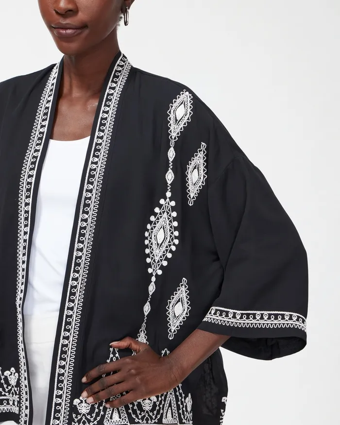 Chico039s Embroidered Short Kimono Black Women Tops