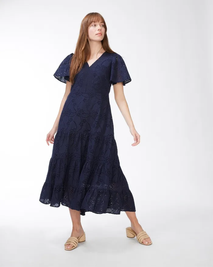 Chico039s Eyelet Flounce Sleeve Dress Classic Navy Women Dresses and Skirts