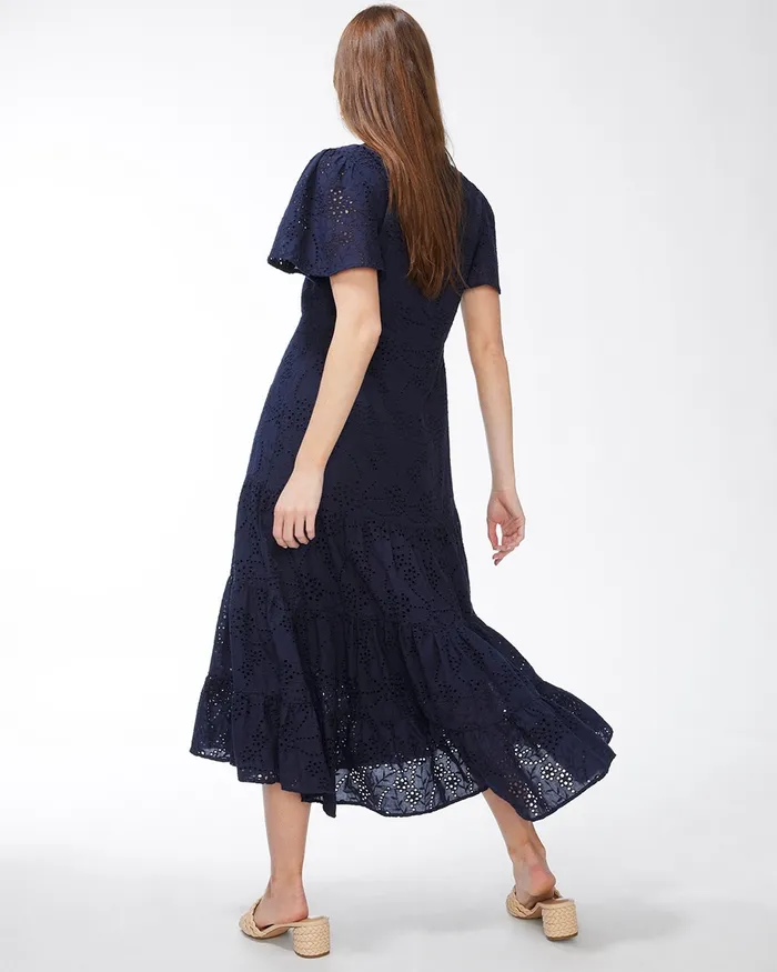 Chico039s Eyelet Flounce Sleeve Dress Classic Navy Women Dresses and Skirts
