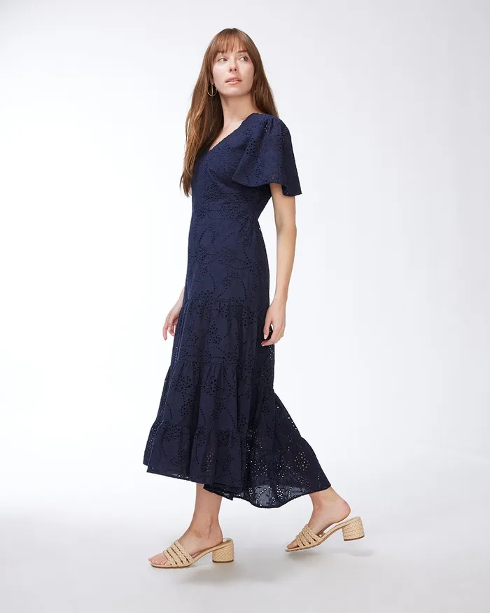 Chico039s Eyelet Flounce Sleeve Dress Classic Navy Women Dresses and Skirts