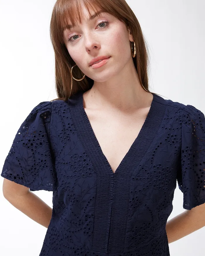Chico039s Eyelet Flounce Sleeve Dress Classic Navy Women Dresses and Skirts