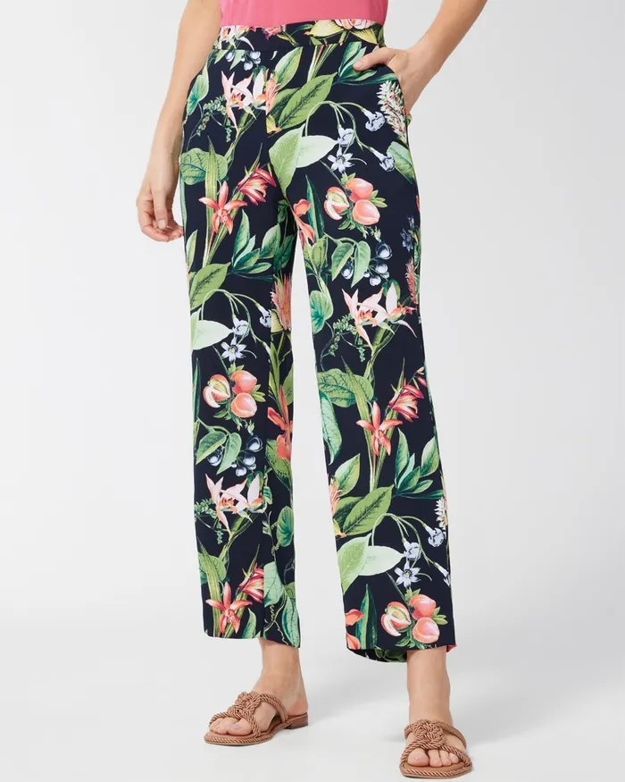 Chico039s Floral Print Wide Leg Soft Crops Classic NavyWhite Women Pants