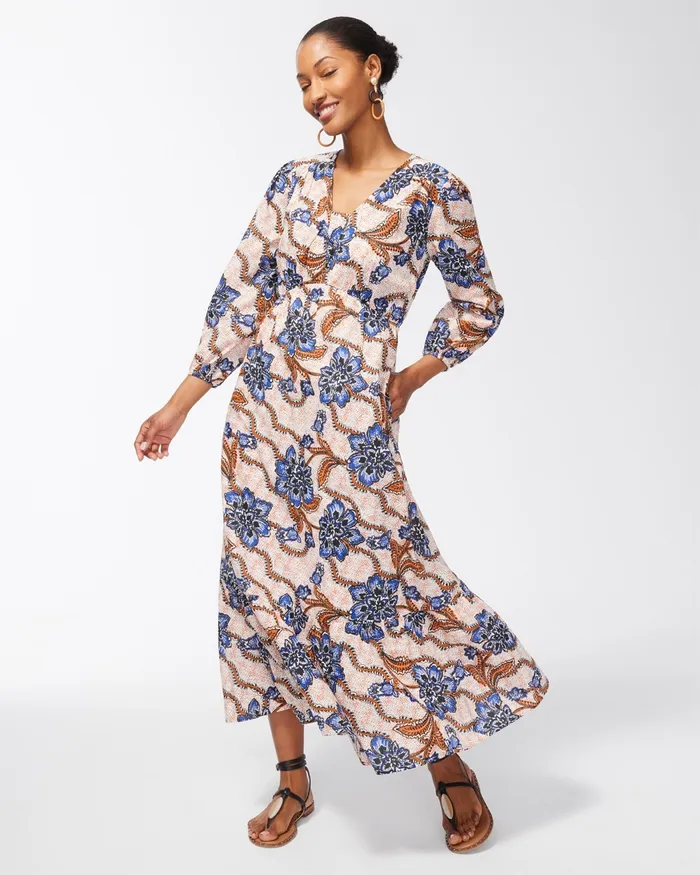 Chico039s Floral Tiered Maxi Dress Burnished Clay Women Dresses and Skirts