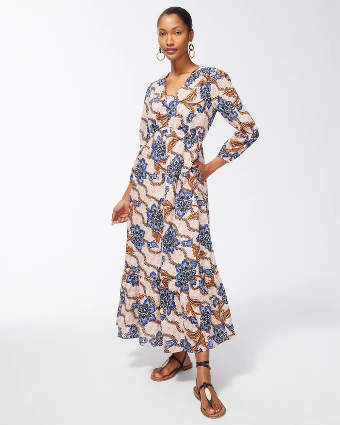 Chico039s Floral Tiered Maxi Dress Burnished Clay Women Dresses and Skirts