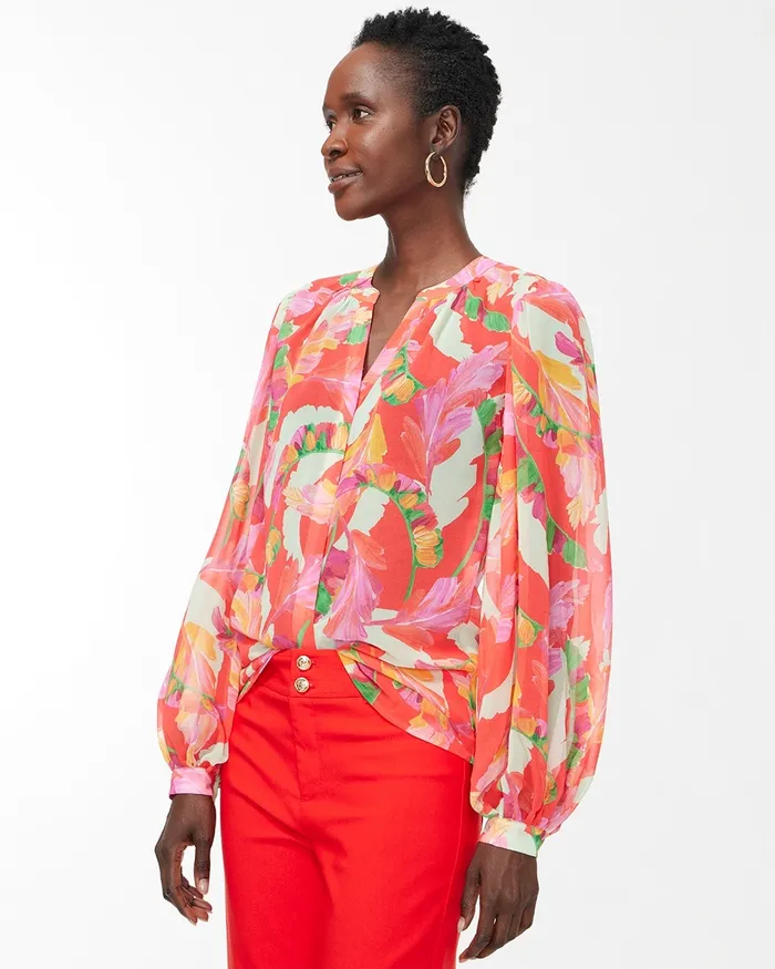 Chico039s Foliage Print Blouse Flame Scarlet Women Tops