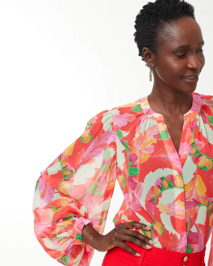 Chico039s Foliage Print Blouse Flame Scarlet Women Tops