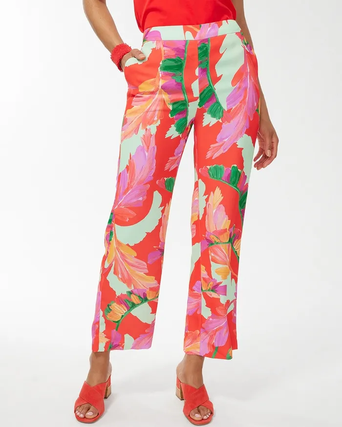 Chico039s Foliage Print Wide Leg Soft Crops Flame ScarletNatural Tan Women Matching Sets