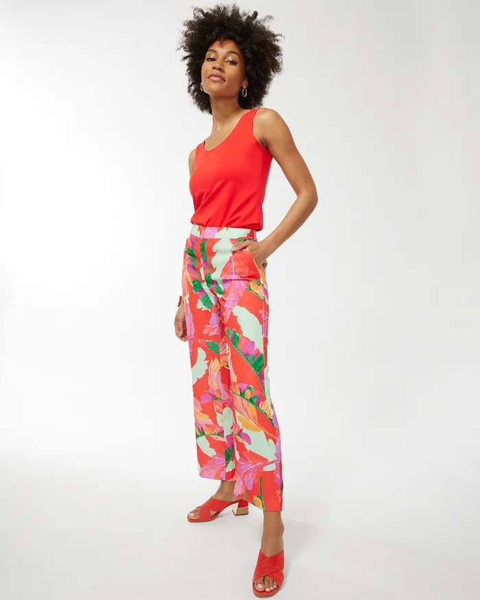 Chico039s Foliage Print Wide Leg Soft Crops Flame ScarletNatural Tan Women Matching Sets