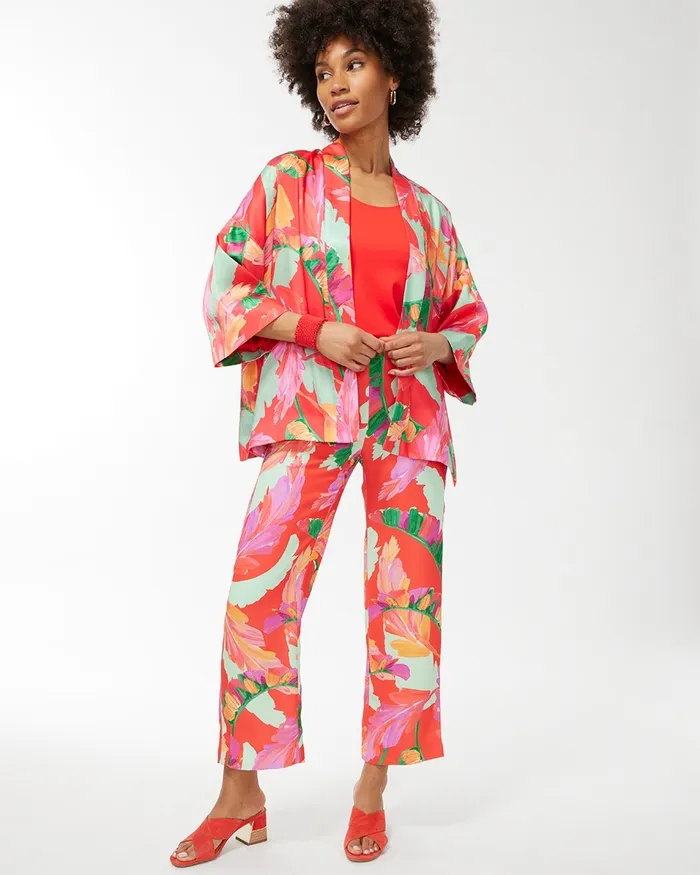 Chico039s Foliage Print Wide Leg Soft Crops Flame ScarletNatural Tan Women Matching Sets