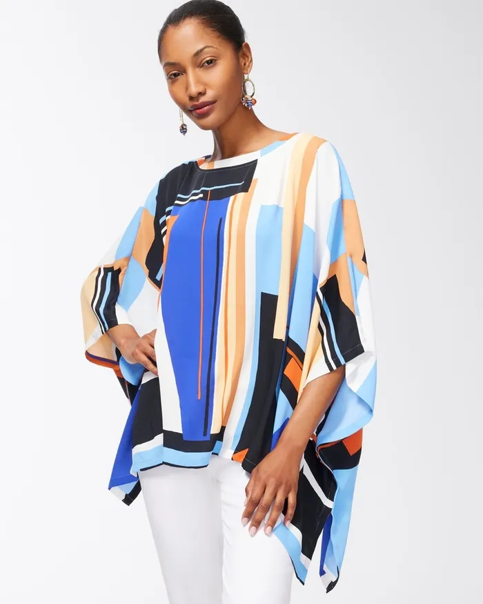 Chico039s Geometric Print Poncho Blue Grotto Women Tops