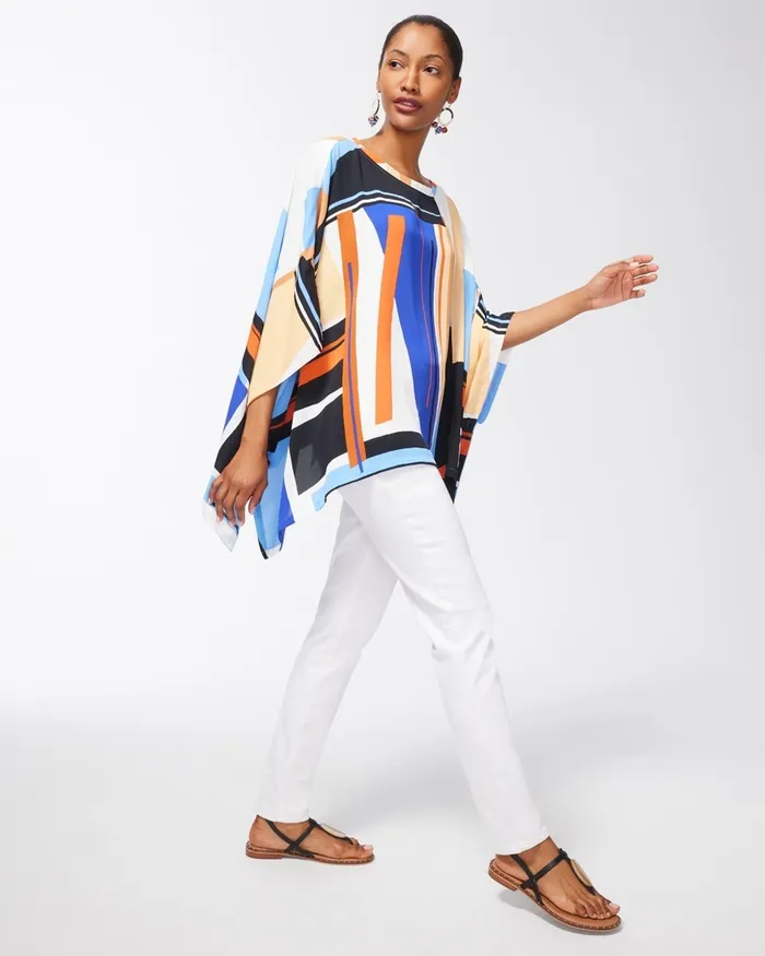 Chico039s Geometric Print Poncho Blue Grotto Women Tops