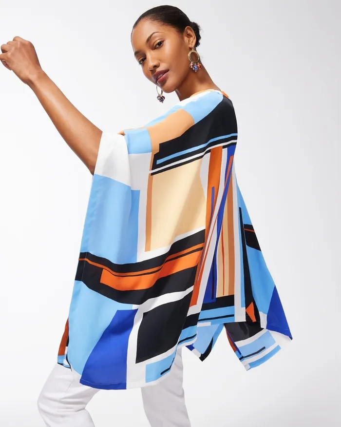 Chico039s Geometric Print Poncho Blue Grotto Women Tops