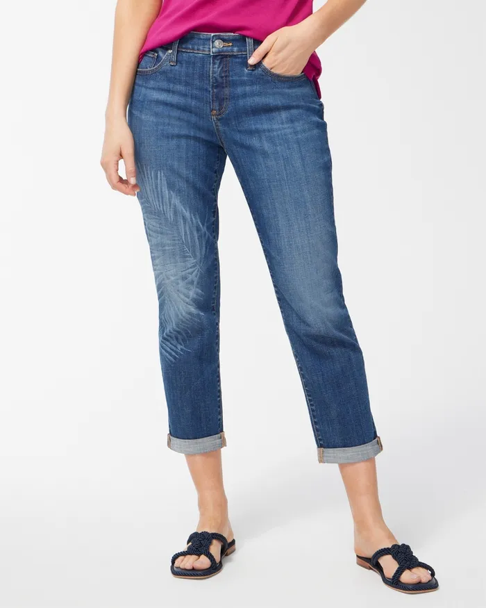 Chico039s Girlfriend Laser Palm Print Crops Costa Palm Indigo Women Jeans and Denim