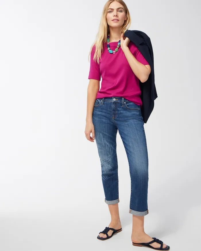 Chico039s Girlfriend Laser Palm Print Crops Costa Palm Indigo Women Jeans and Denim