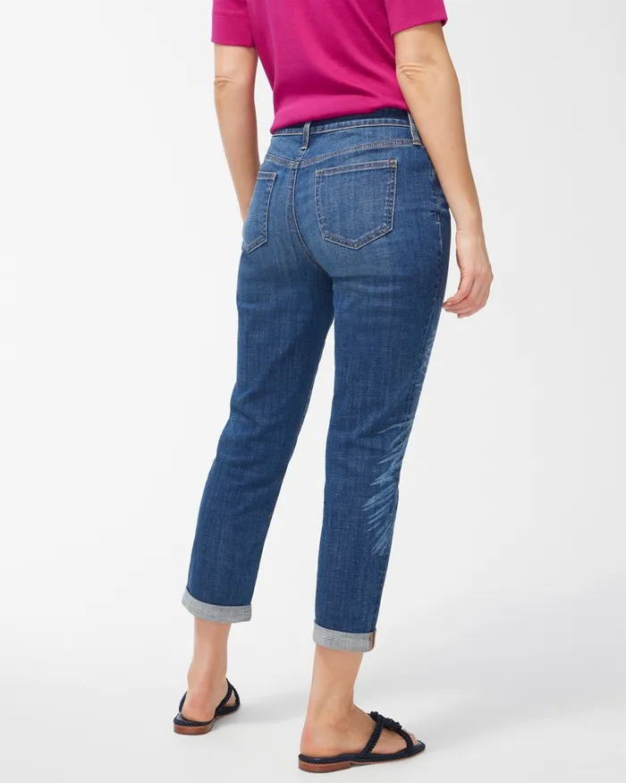 Chico039s Girlfriend Laser Palm Print Crops Costa Palm Indigo Women Jeans and Denim