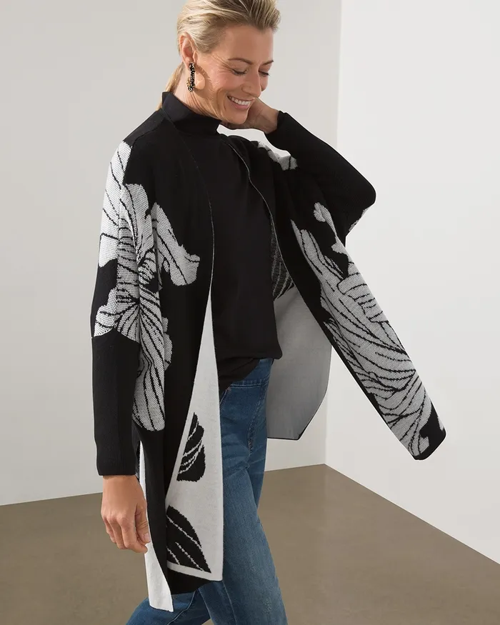 Chico039s Jacquard Sweater Ruana BlackWhite Women Tops