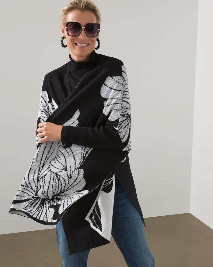 Chico039s Jacquard Sweater Ruana BlackWhite Women Tops