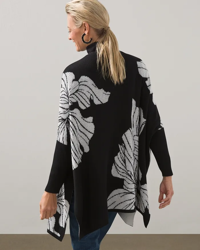 Chico039s Jacquard Sweater Ruana BlackWhite Women Tops