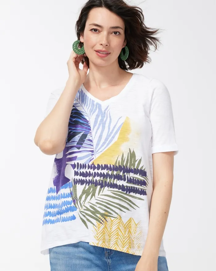 Chico039s Leaf Print Seamed Slub Tee Alabaster Women Tops
