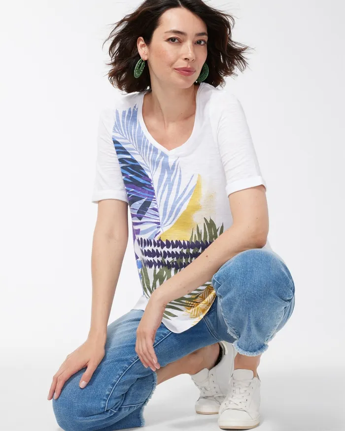 Chico039s Leaf Print Seamed Slub Tee Alabaster Women Tops