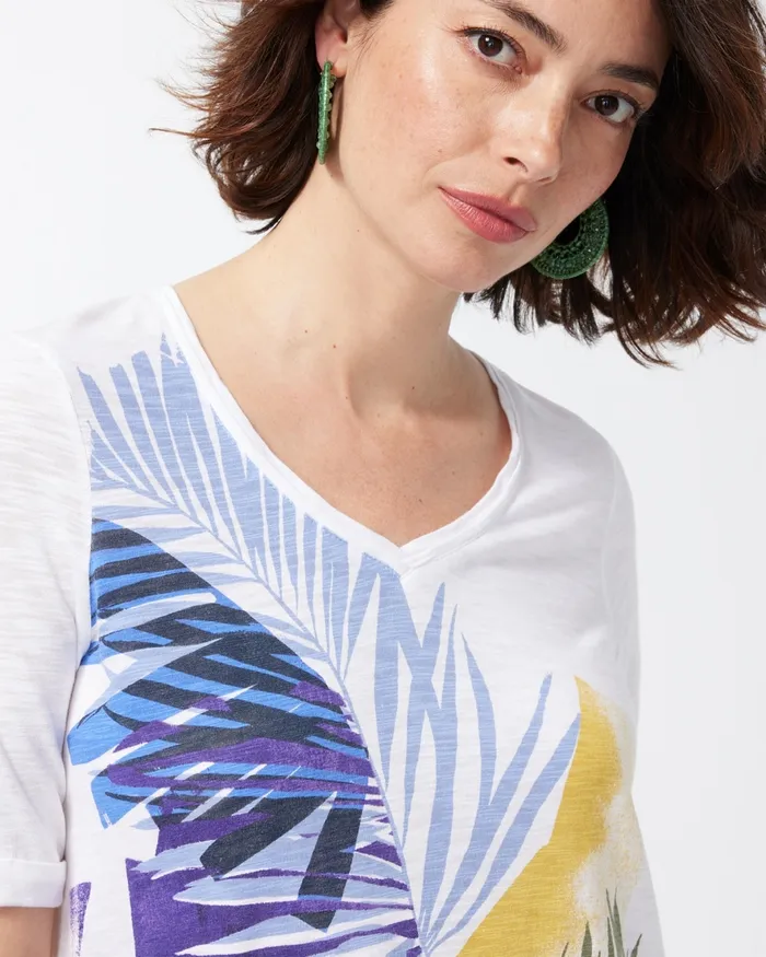 Chico039s Leaf Print Seamed Slub Tee Alabaster Women Tops