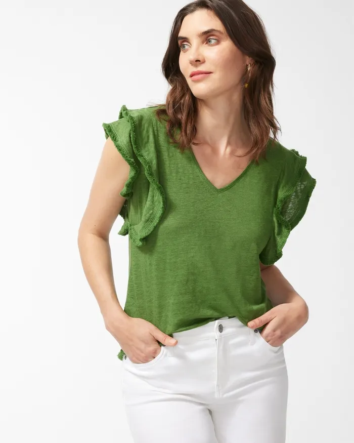 Chico039s Linen Flutter Sleeve Top Banana Leaf Women Tees