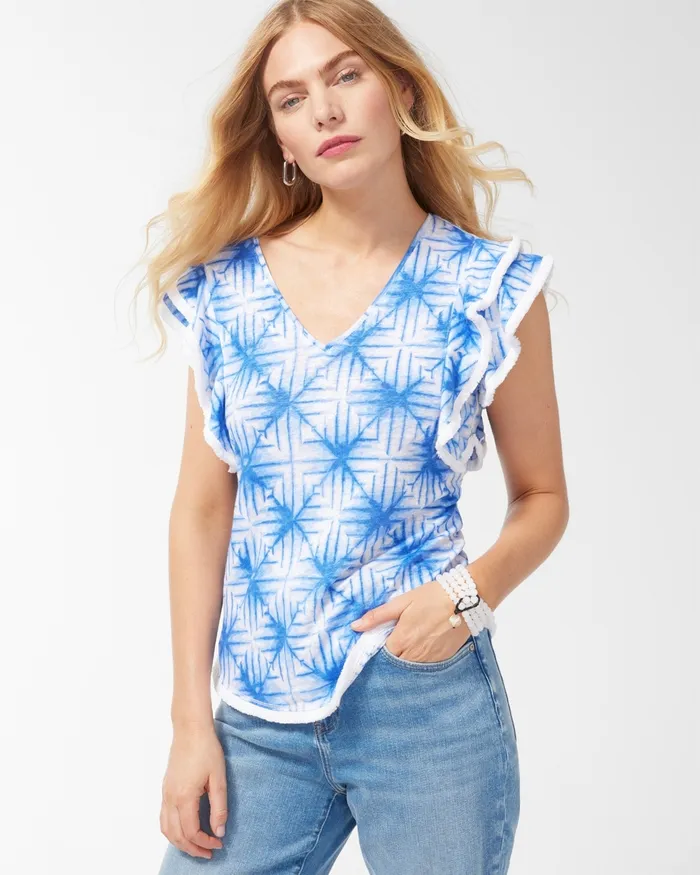 Chico039s Linen Geometric Print Flutter Sleeve Top Amparo Blue Women Tees