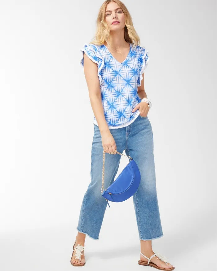 Chico039s Linen Geometric Print Flutter Sleeve Top Amparo Blue Women Tees