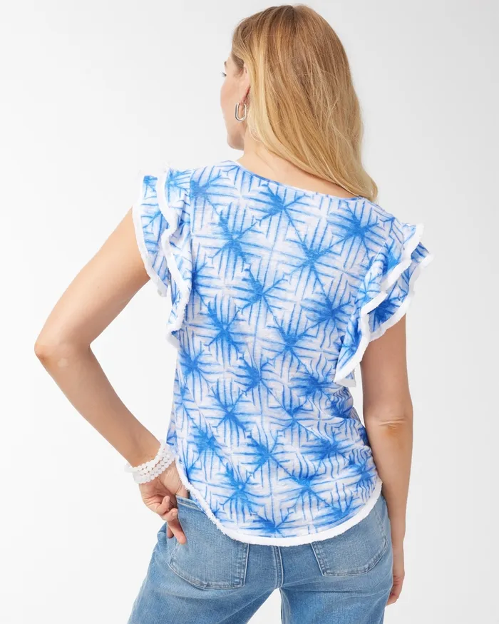 Chico039s Linen Geometric Print Flutter Sleeve Top Amparo Blue Women Tees