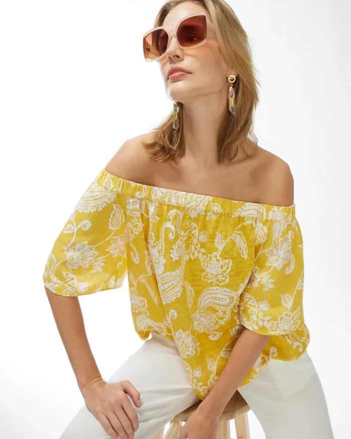Chico039s Linen Paisley OffShoulder Tee Sol Yellow Women Tees
