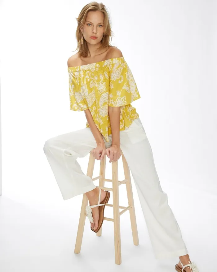 Chico039s Linen Paisley OffShoulder Tee Sol Yellow Women Tees