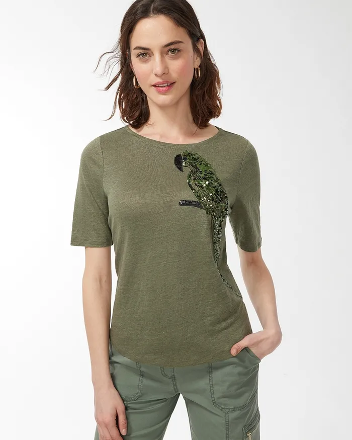 Chico039s Linen Sequin Parrot Tee Dark Moss Women Tees
