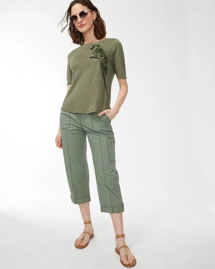 Chico039s Linen Sequin Parrot Tee Dark Moss Women Tees