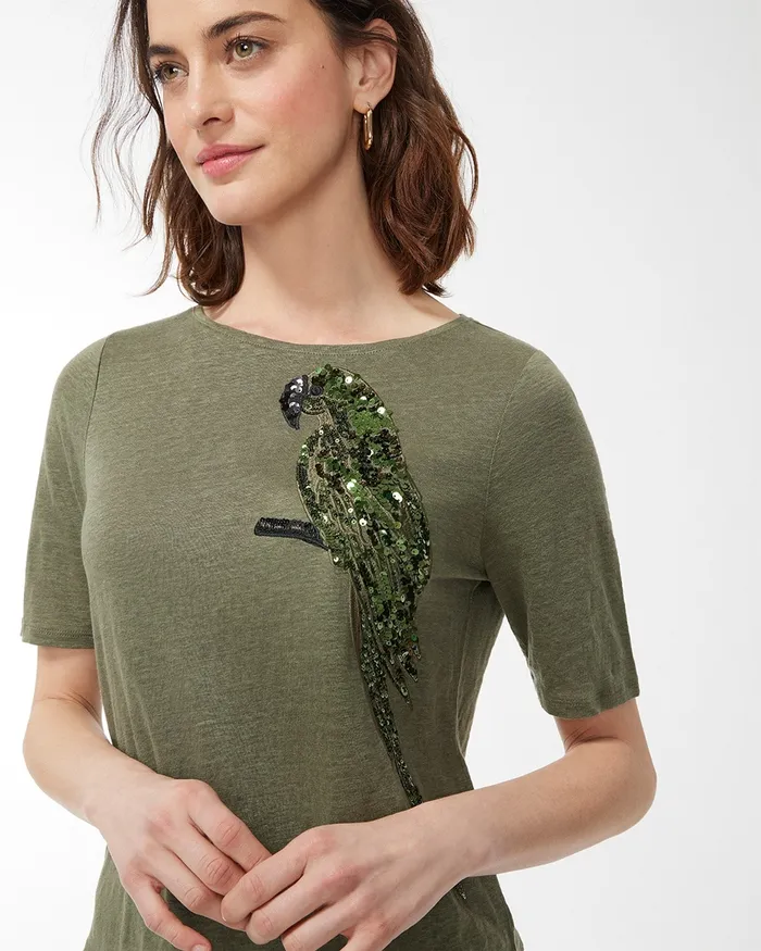 Chico039s Linen Sequin Parrot Tee Dark Moss Women Tees
