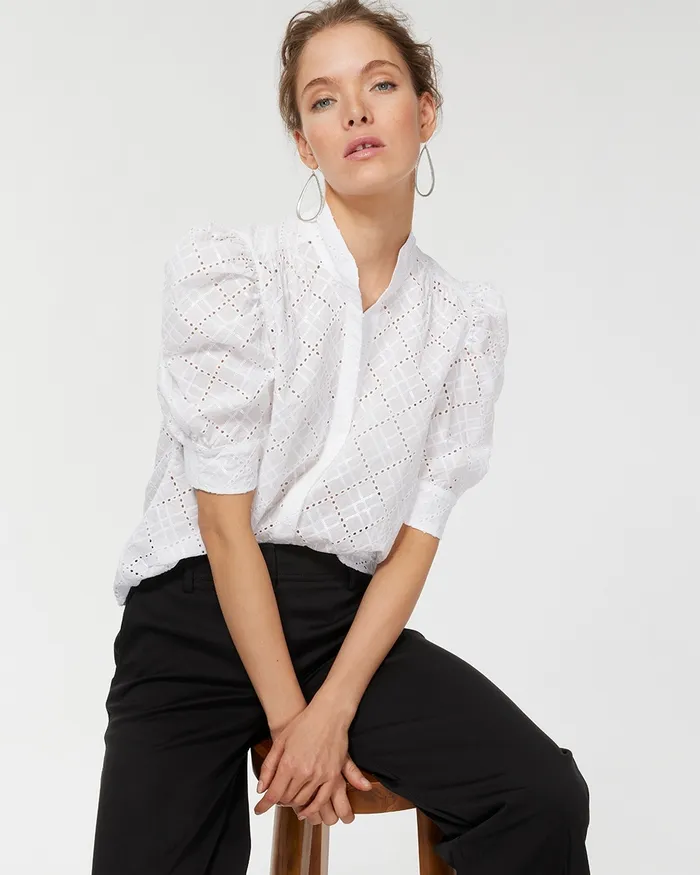Chico039s Mixed Eyelet Shirt Alabaster Women Tops