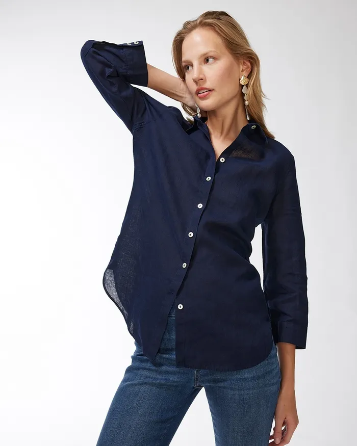 Chico039s NoIron Linen 34 Sleeve Shirt Classic Navy Women Tops