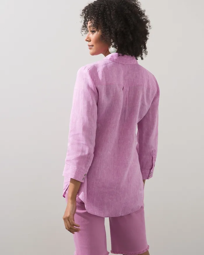 Chico039s NoIron Linen 34 Sleeve Shirt Classic Navy Women Tops