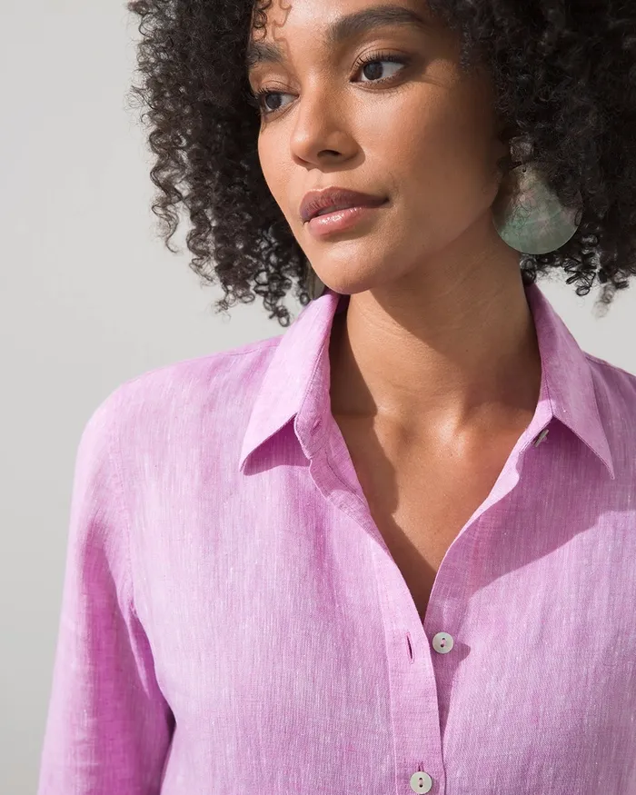 Chico039s NoIron Linen 34 Sleeve Shirt Classic Navy Women Tops