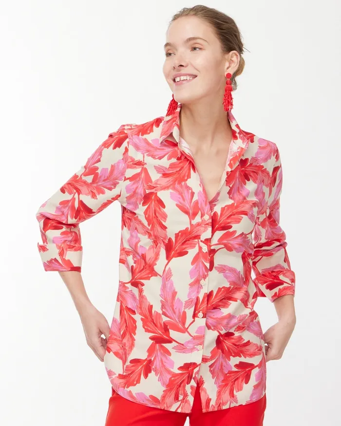 Chico039s No Iron Stretch 34 Sleeve Feathers Shirt Papaya Coral Women Tops