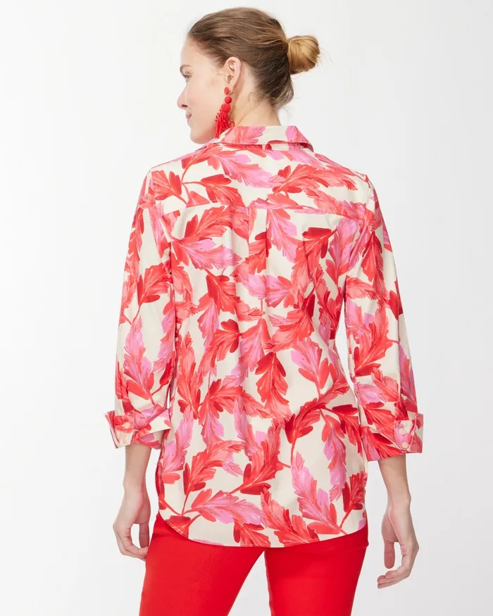 Chico039s No Iron Stretch 34 Sleeve Feathers Shirt Papaya Coral Women Tops