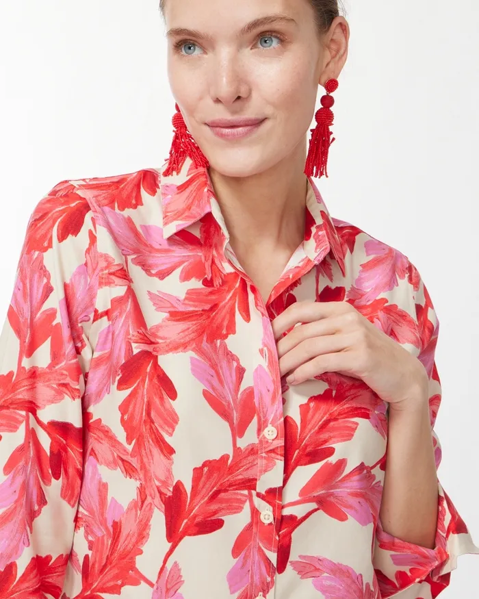 Chico039s No Iron Stretch 34 Sleeve Feathers Shirt Papaya Coral Women Tops