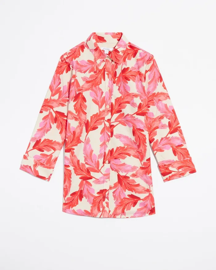 Chico039s No Iron Stretch 34 Sleeve Feathers Shirt Papaya Coral Women Tops