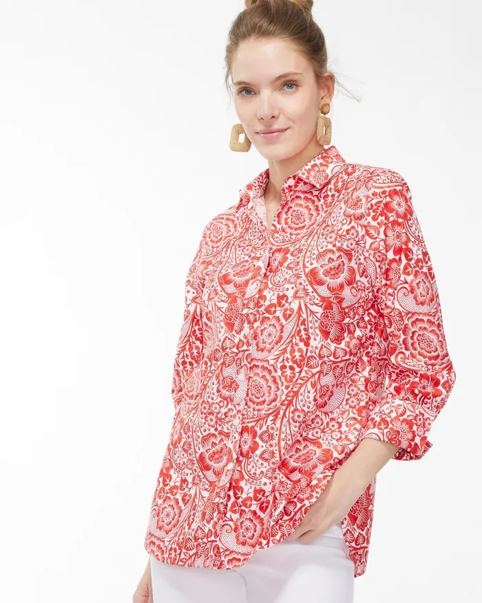 Chico039s No Iron Stretch 34 Sleeve Paisley Shirt Flame Scarlet Women Tops