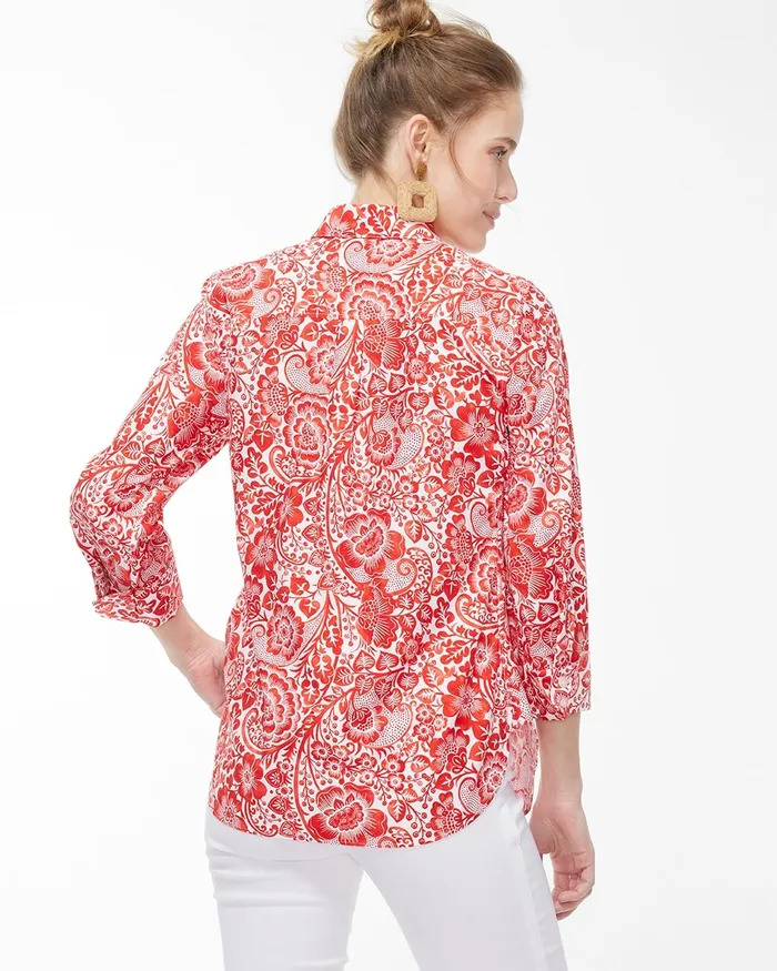 Chico039s No Iron Stretch 34 Sleeve Paisley Shirt Flame Scarlet Women Tops