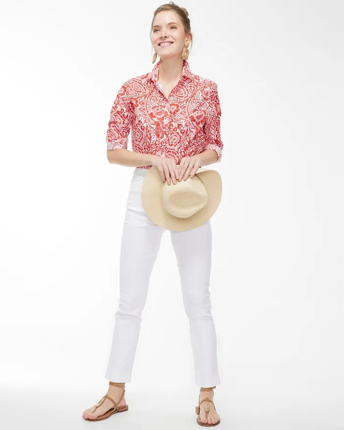 Chico039s No Iron Stretch 34 Sleeve Paisley Shirt Flame Scarlet Women Tops