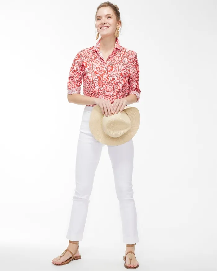Chico039s No Iron Stretch 34 Sleeve Paisley Shirt Flame Scarlet Women Tops