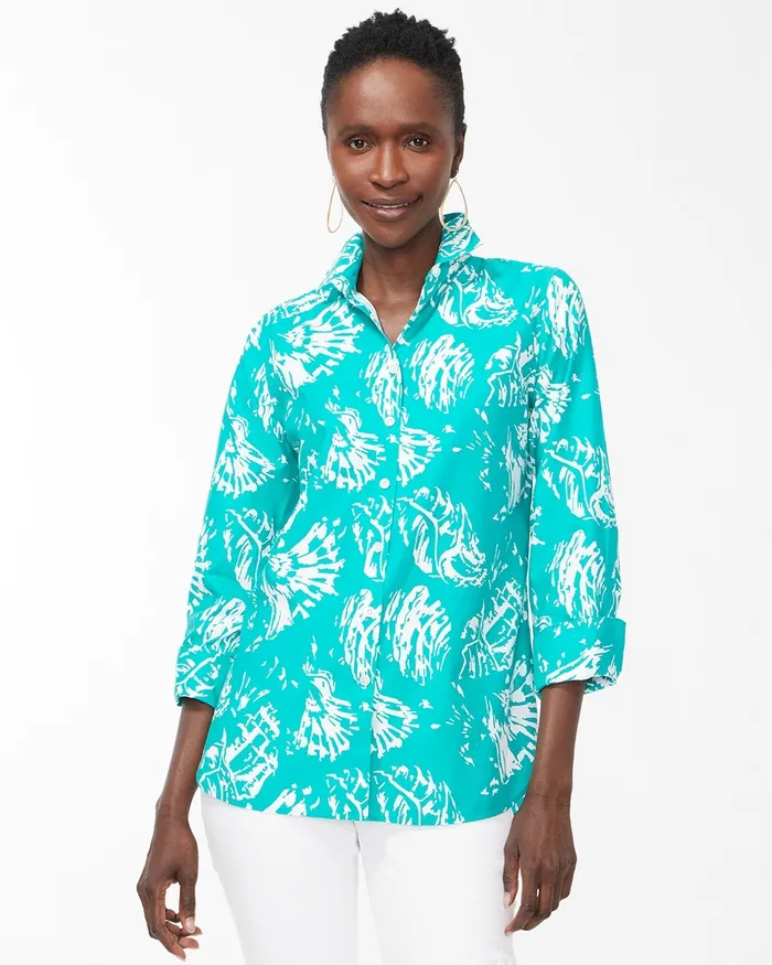 Chico039s No Iron Stretch 34 Sleeve Shells Shirt Tropical Jade Women Tops