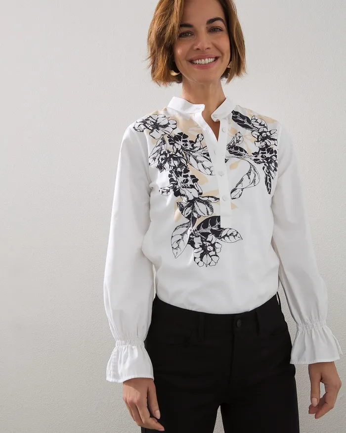 Chico039s NoIron Stretch Floral Pullover Top BlackOptic White Women Tops