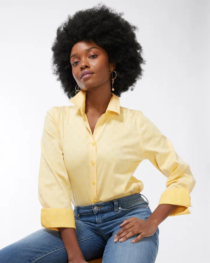 Chico039s No Iron Stretch Jacquard Shirt Golden Haze Women Tops